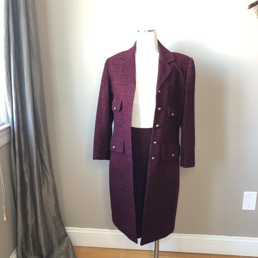 Vintage Burgundy Tweed 2 PC Skirt Suit Long Blazer & Pencil Skirt 12